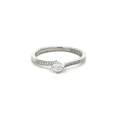 Platinum diamond ring with a sparkling centerpiece, displayed in the complete box set, size S, unbranded jewelry.