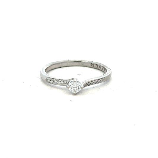Platinum diamond ring with a sparkling centerpiece, displayed in the complete box set, size S, unbranded jewelry.