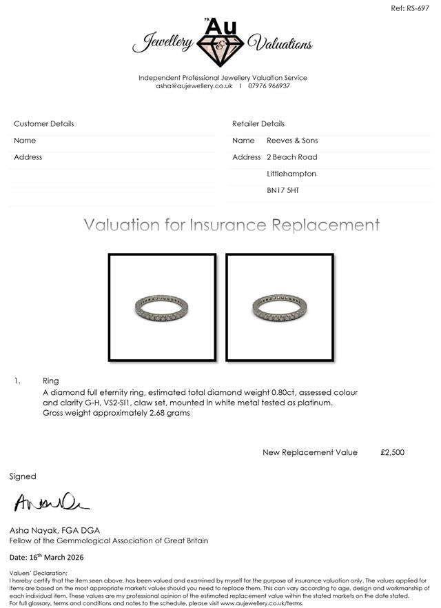 Platinum full diamond eternity ring with sparkling round-cut diamonds encircling the band for a luxurious look