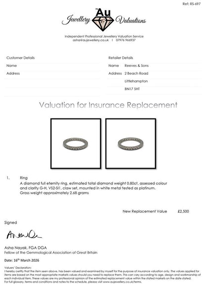 Platinum full diamond eternity ring with sparkling round-cut diamonds encircling the band for a luxurious look