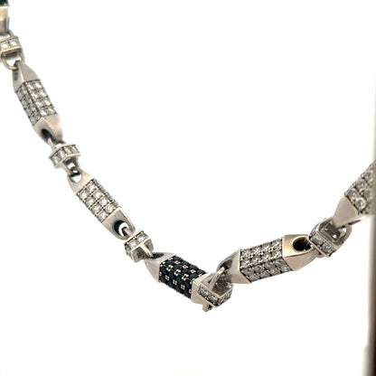 Silver chain weighing 113.4g, unbranded, with intricate links, shown lying flat against a neutral background.