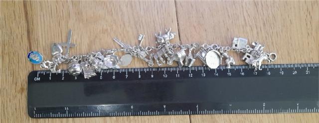 Silver charm bracelet with intricate designs, weighing 45.9g, featuring various decorative charms on a sleek silver band.