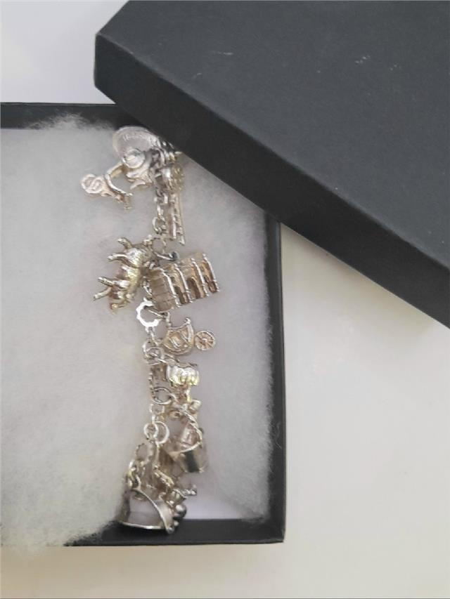 Silver charm bracelet weighing 45.9g with various decorative charms, unbranded, featuring a sleek, polished finish.