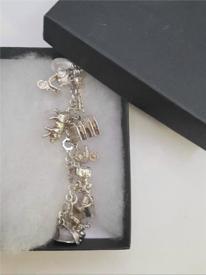 Silver charm bracelet weighing 45.9g with various decorative charms, unbranded, featuring a sleek, polished finish.