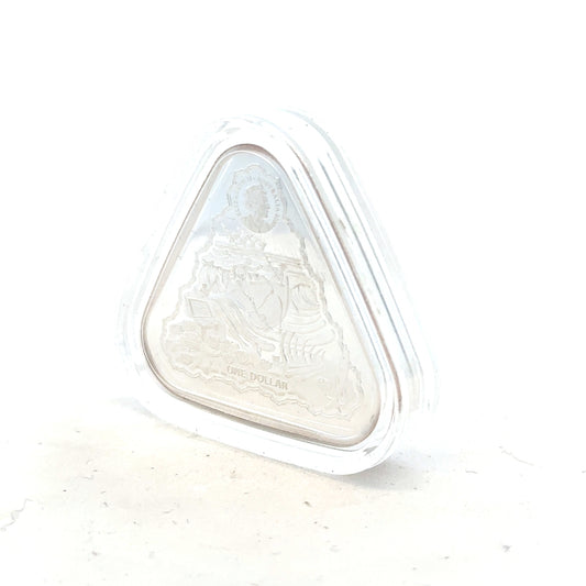 Silver coin weighing 31.8g, unbranded, with detailed surface design and a shiny metallic finish.