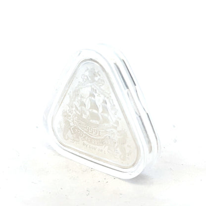 Silver coin weighing 31.8g with detailed design, unbranded, shown on a plain background, close-up view highlighting its surface.