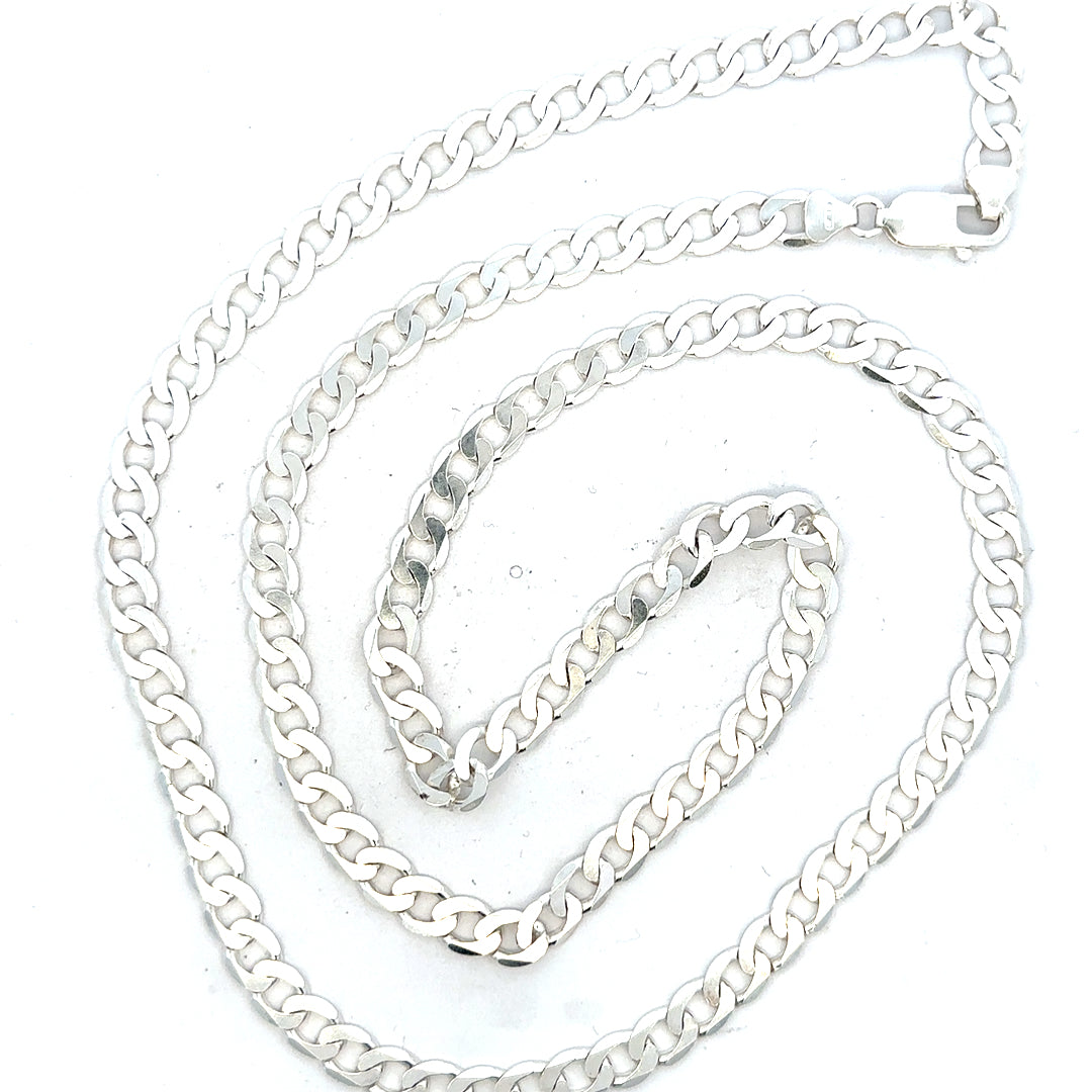 Silver curb chain weighing 34.5g, featuring a classic design, displayed on a neutral background for stylish jewelry.