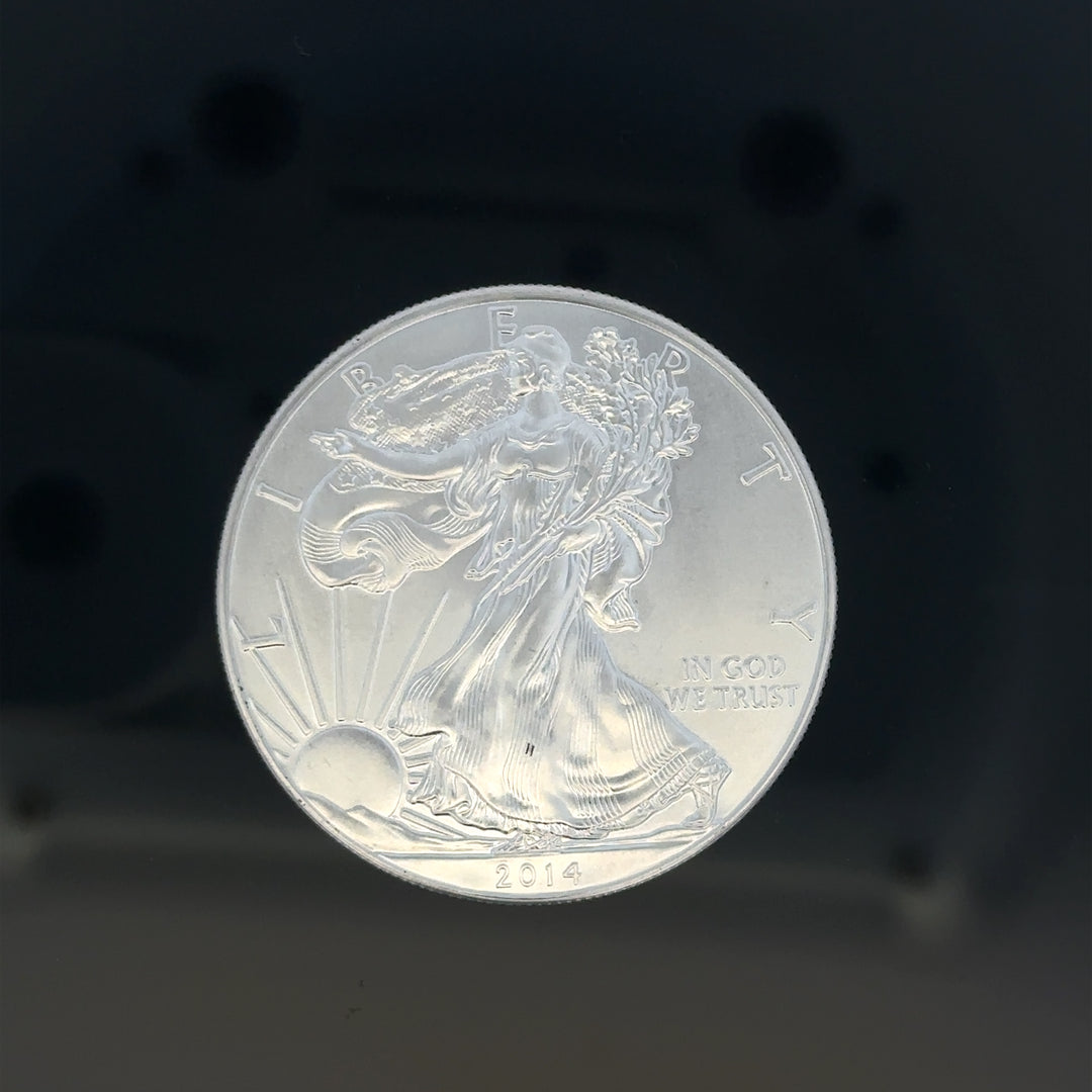Silver one dollar coin weighing 31.2g, unbranded, with detailed design visible on the surface of the coin.