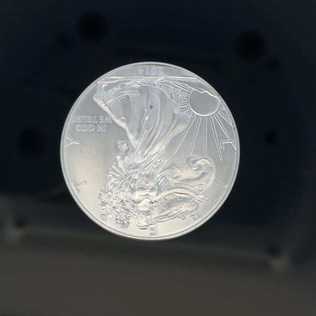 Silver one dollar coin weighing 31.2g, unbranded, featuring detailed engravings and classic design on the surface.