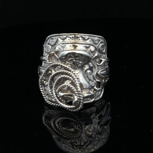 Silver saddle ring in size V, unbranded, with a smooth, polished finish and classic design, showcased on a plain background.