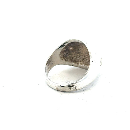 Silver signet ring in size O with a smooth, polished finish, designed for men or women, unbranded jewelry accessory.