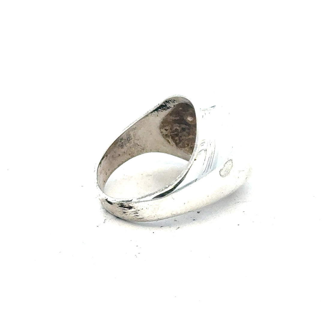 Silver signet ring in size O with a smooth, polished finish, featuring a classic design. Unbranded jewelry piece.