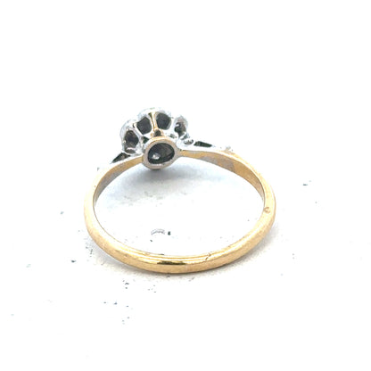 Vintage 18ct yellow gold and platinum diamond ring with intricate design and sparkling diamonds, unbranded jewelry piece.