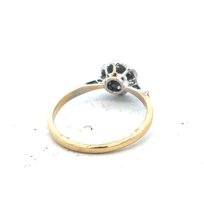 Vintage 18ct yellow gold and platinum diamond ring with intricate design and sparkling diamonds, unbranded jewelry piece.