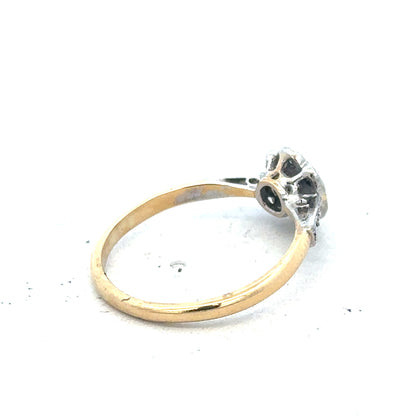 Vintage 18ct yellow gold and platinum diamond ring with intricate design and sparkling diamonds, unbranded.